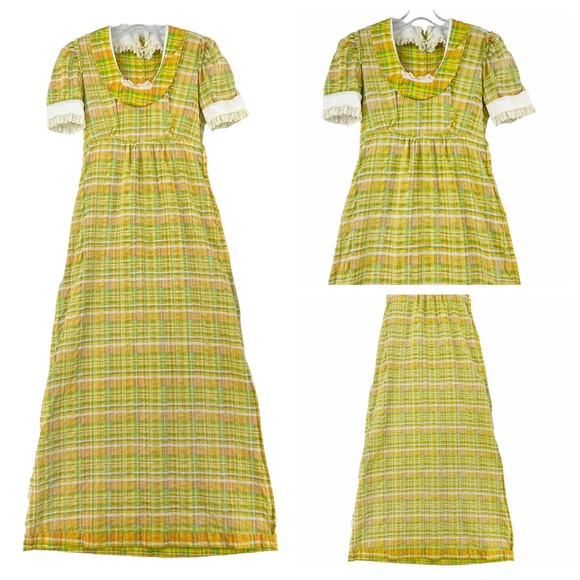 Vintage Yellow, Green, White Plaid Maxi Dress Made in the USA Union Label - Picture 13 of 15